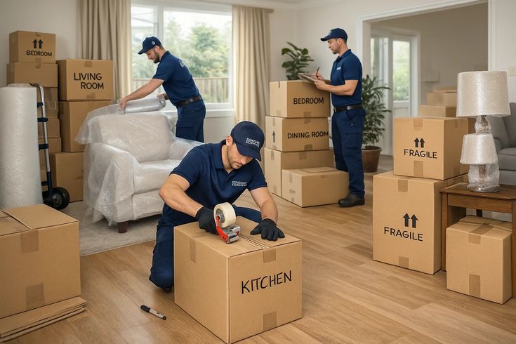 Warehouse worker organizing boxes for a business move